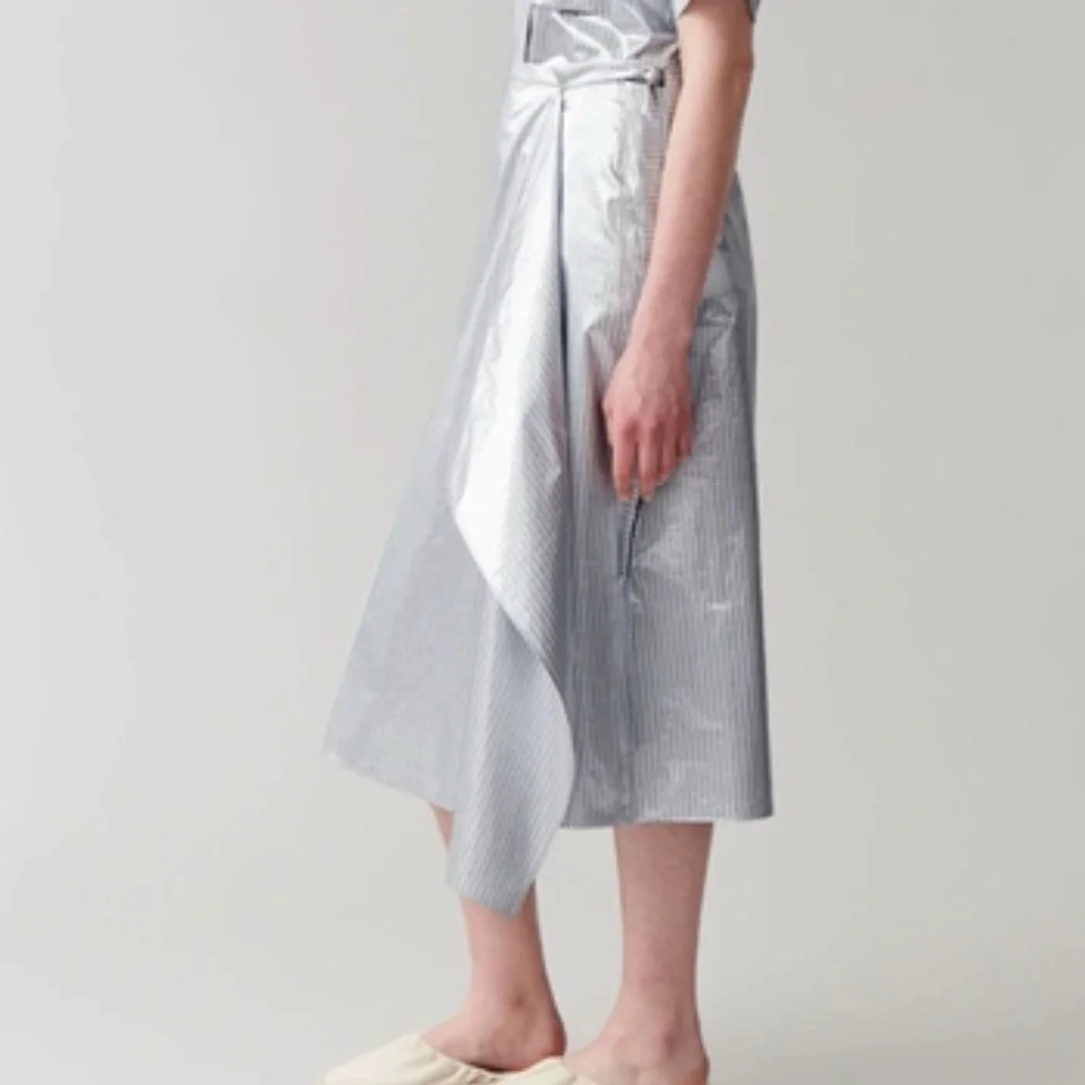 COS $175 Metallic Silver Striped Asymmetrical Wrap‎ Midi Skirt Romania Holiday - Picture 4 of 9